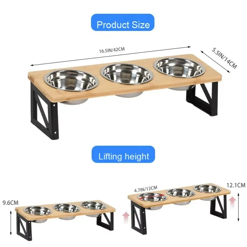 Elevated Cat Food Bowl 3 Stainless Steel Bowl Adjustable Bamboo Base Ergonomic Feeder Neck Strain Relief Solid Wood
