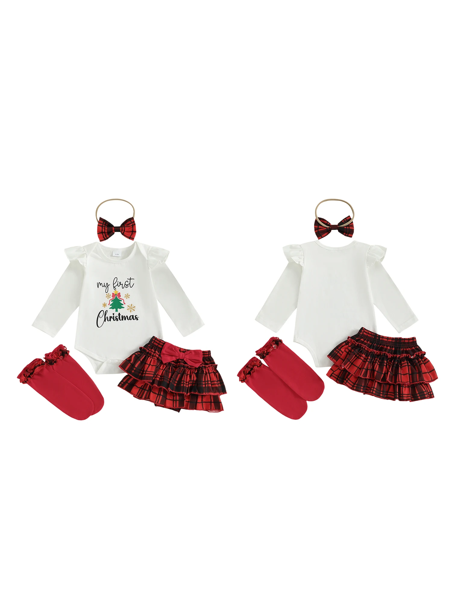 

Рождественский комплект одежды для маленьких девочек, комбинезон с длинными рукавами и круглым вырезом, многослойная юбка, повязка на голову, носки, милый наряд из 4 предметов