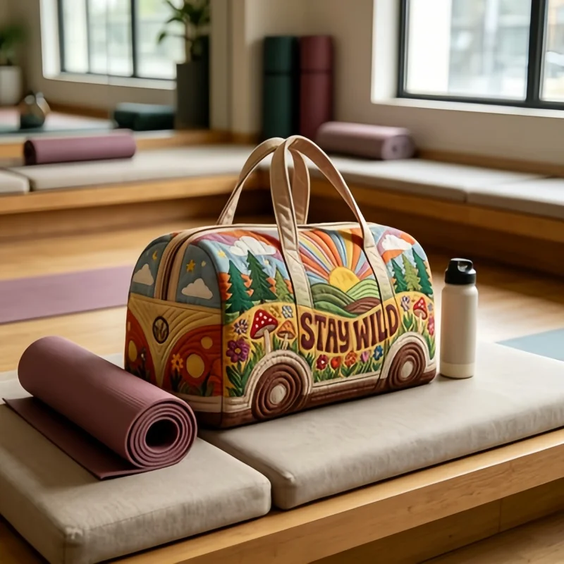 

1pc 3D Quilted Hippie Duffle Bag, "STAY WILD" Van Travel Bag, Boho Style Weekender Bag for Travel Gym Shopping