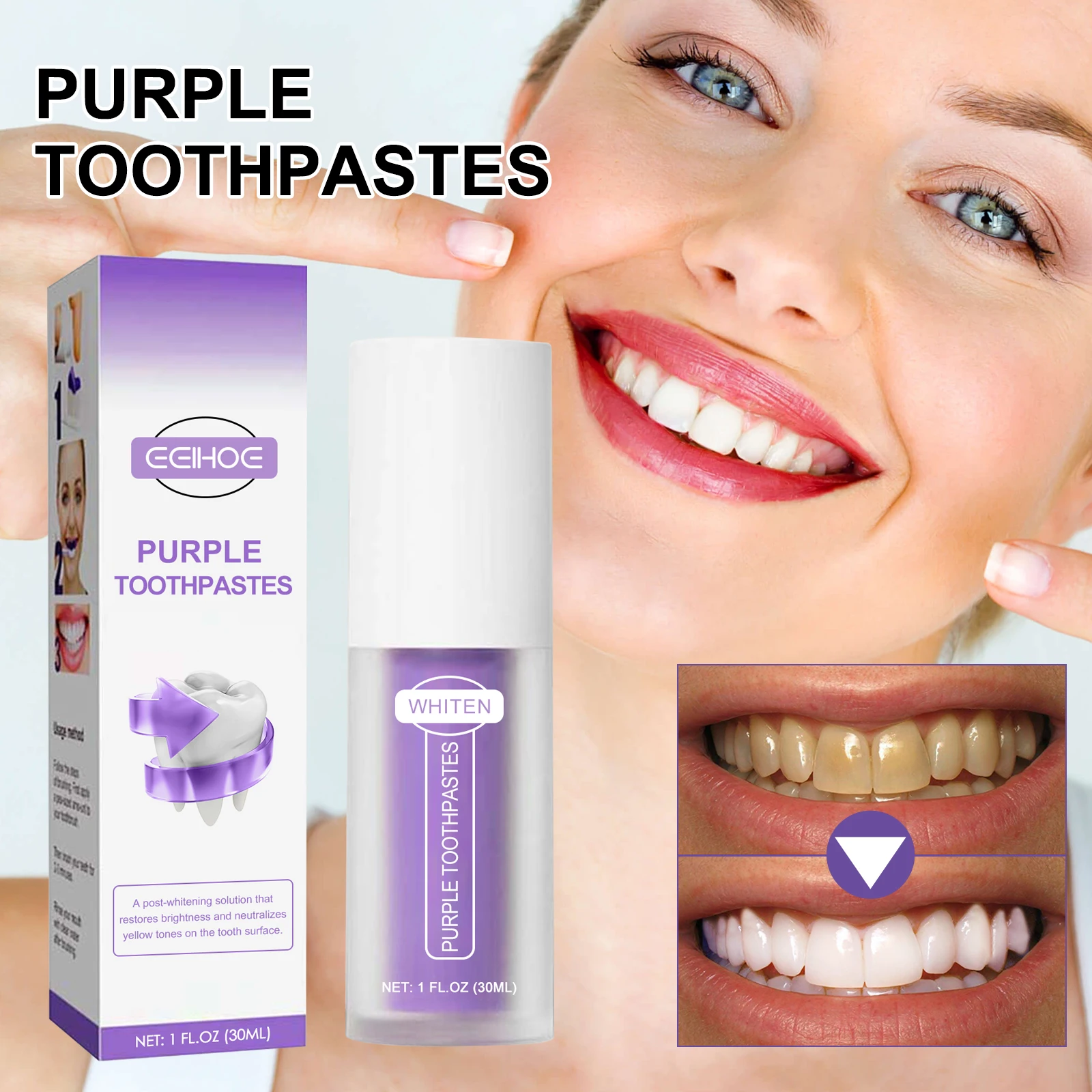 Eelhoe Teeth Whitening Purple Toothpaste.Fresh Breath Removes Tartar.Teeth Color Corrector Protects Gums Oral Care Products