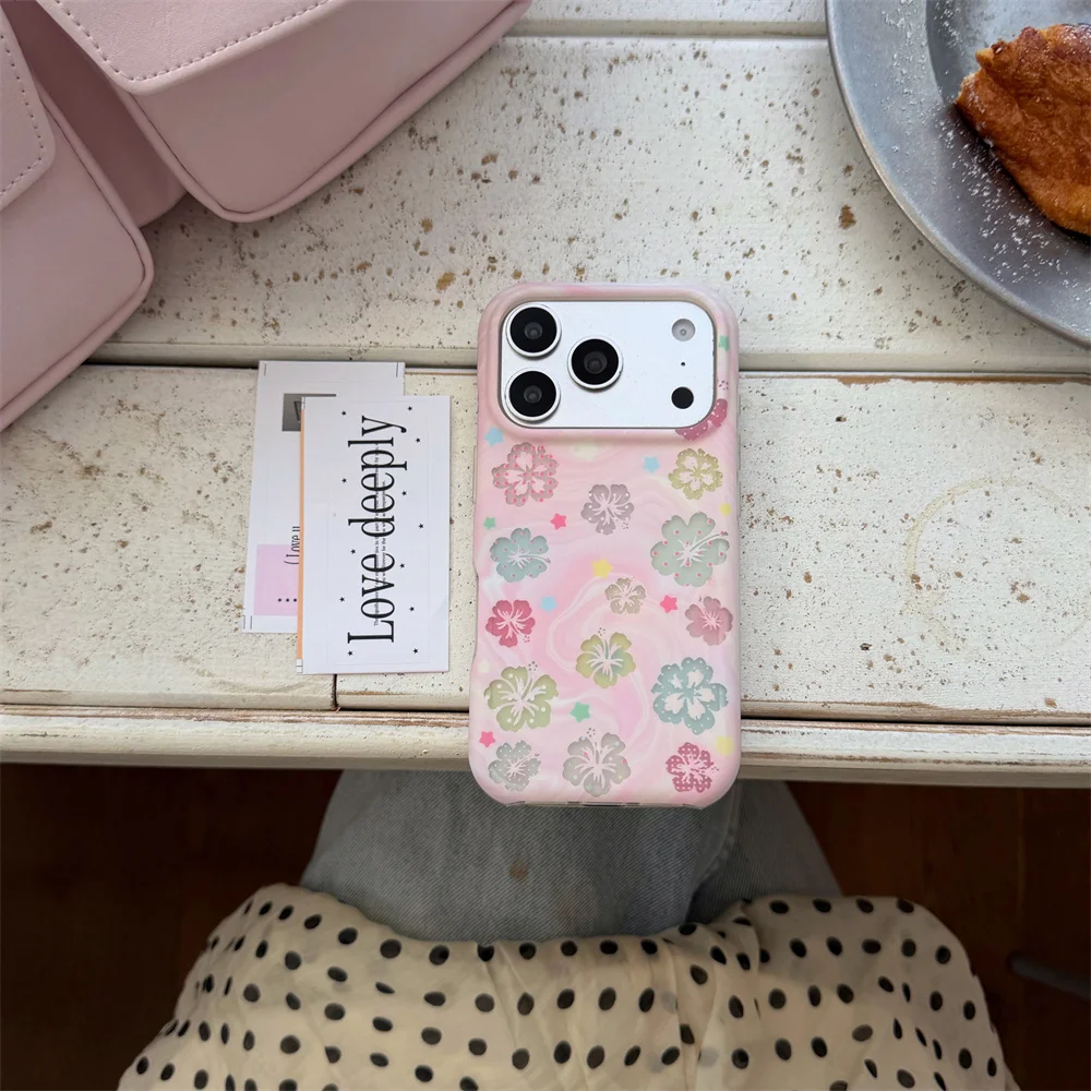 Korea Kawaii pink hollow flower Phone Case for iPhone 15 Pro 16 17 Pro Max Cover Cartoon Cute Cases lanyard Shockproof Funda