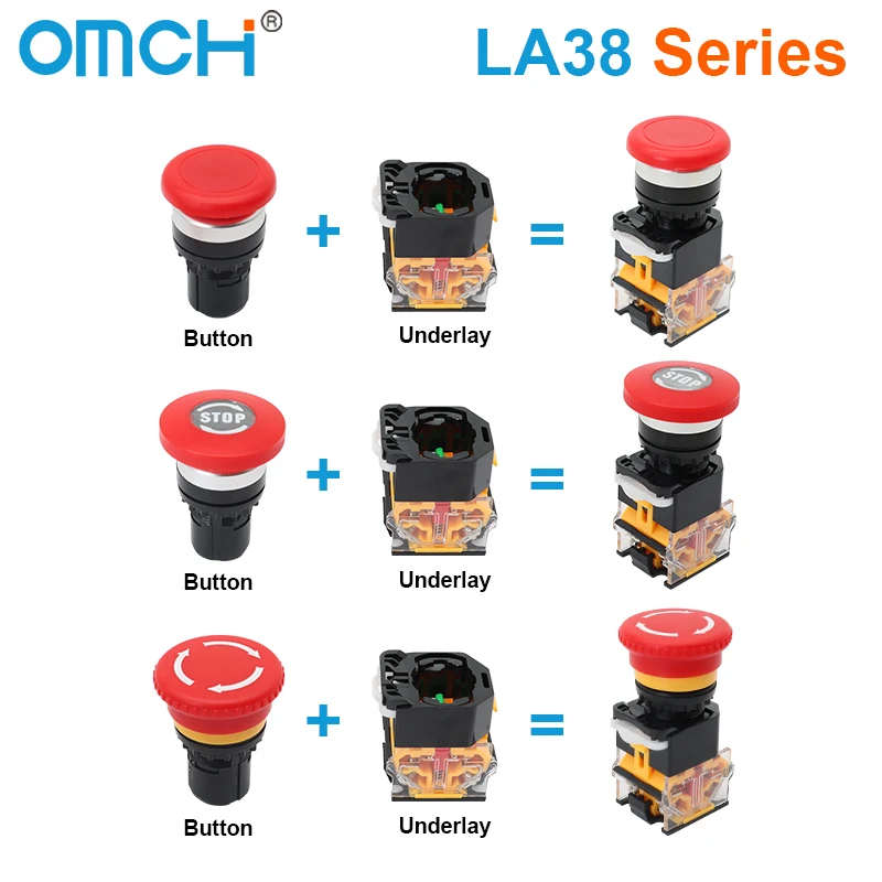 OMCH 1PCS 22mm LA38-11ZS Self-Locking Emergency Stop Switch Button 1NO 1NC Mushroom Head Switch Self-recovery Self-Locking