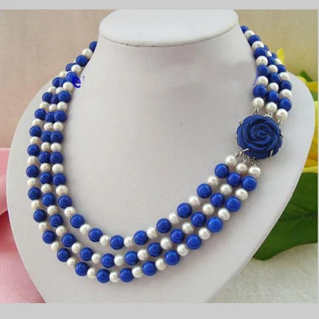 Favorite Pearl Necklace,Stunning 3Rows 8mm Round White Freshwater Pearl Blue Lapis Lazuli Necklace,Charming Women Gift