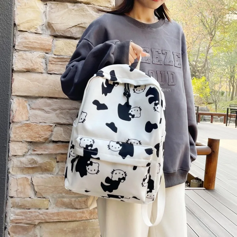 Sanrio Nylon Backpack for Girl Student School Bag Cute Hello Kitty Printing Portable Lightweight White Women's Bag