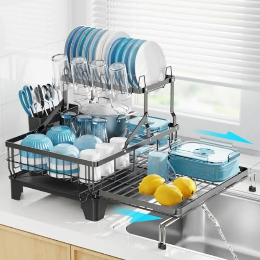 

Large 2 Tier Dish Drying Rack, Expandable Heavy-Duty Dish Rack for Kitchen Counter, Rust-Resistant Dish Drainer with Utensil an