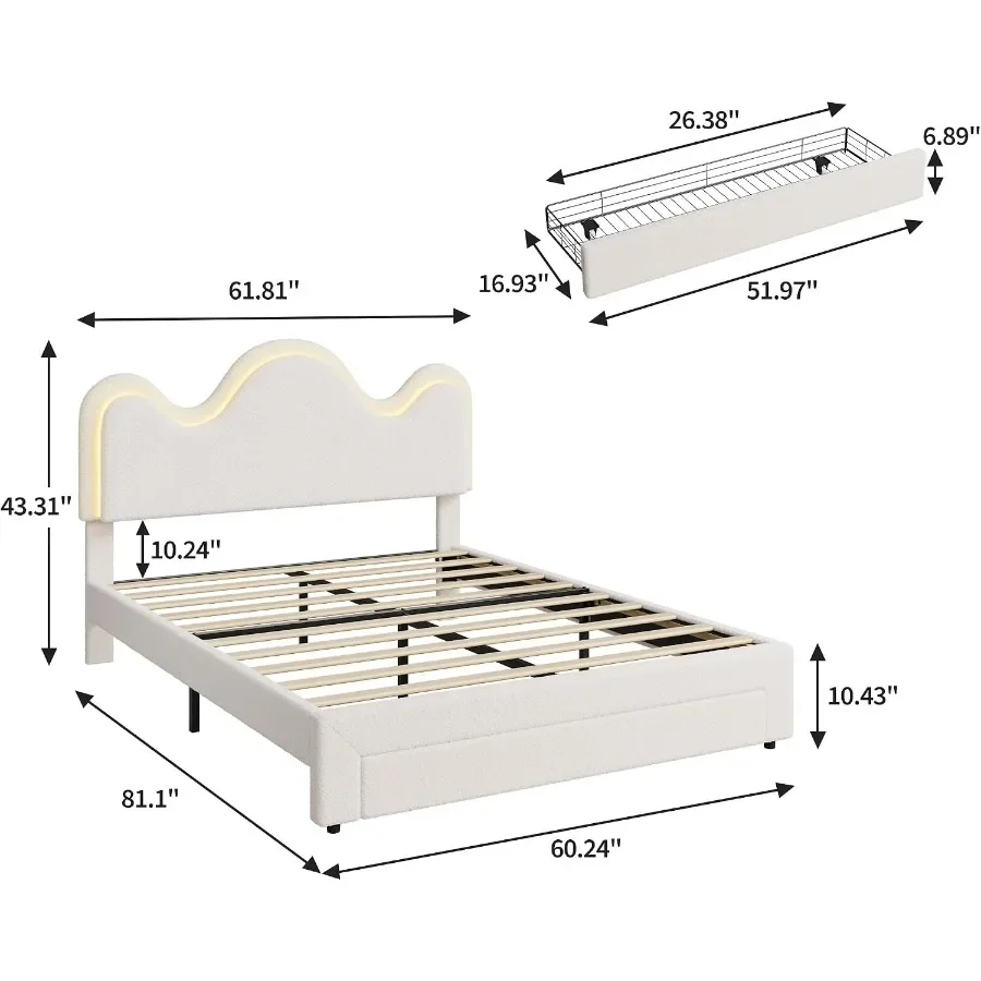 Princess Boucle Upholstered Bed Frame for or Girls, White, Queen