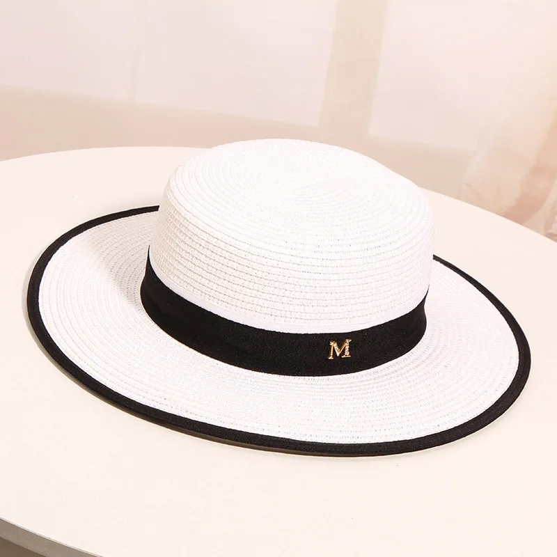 Women\'s Summer Outing on The Beach Sun Shading Sun Protection Straw Hat  Woven Flat Top British Top Hat