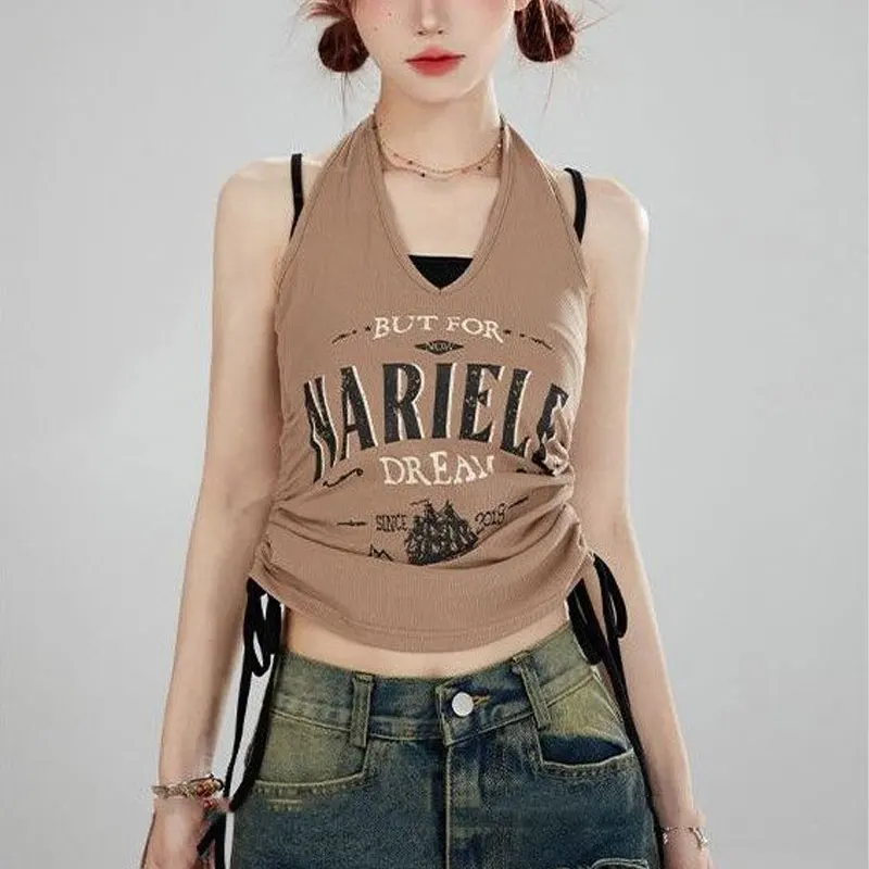 

American Retro Halter Shirring Tanks Female Clothing Slim Stylish Drawstring Pullovers Summer New Fake Two Pieces Hotsweet Camis