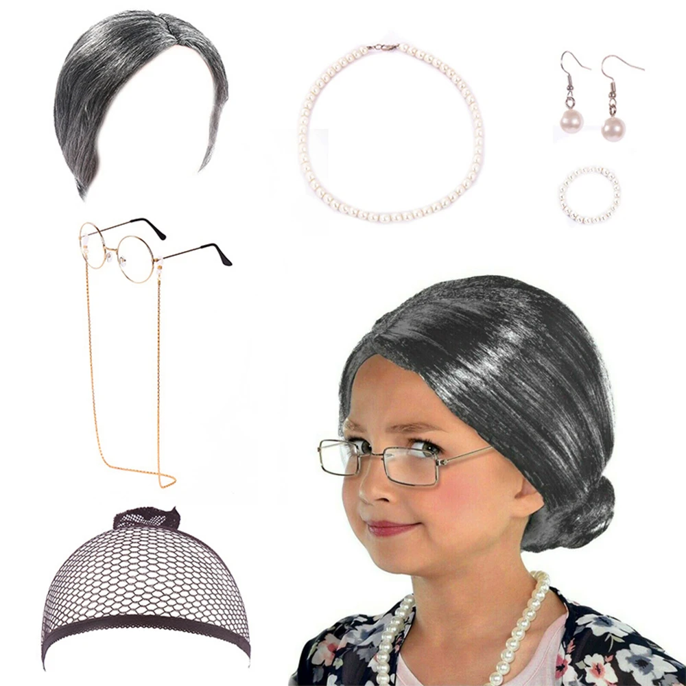 7 Pcs/Set Straight Hair Wigs Curls Grandma Old Lady Dress Up Kit Granny Costume Wig Adult Kid Halloween Masquerade Party Cosplay