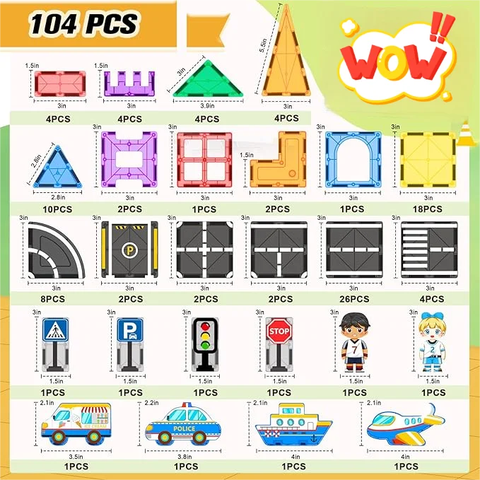 104 PCS Płytki magnetyczne Zestaw drogowy, klocki magnetyczne STEM dla dzieci Zabawki dla maluchów Gry, świąteczne prezenty urodzinowe dla 3+ lat O