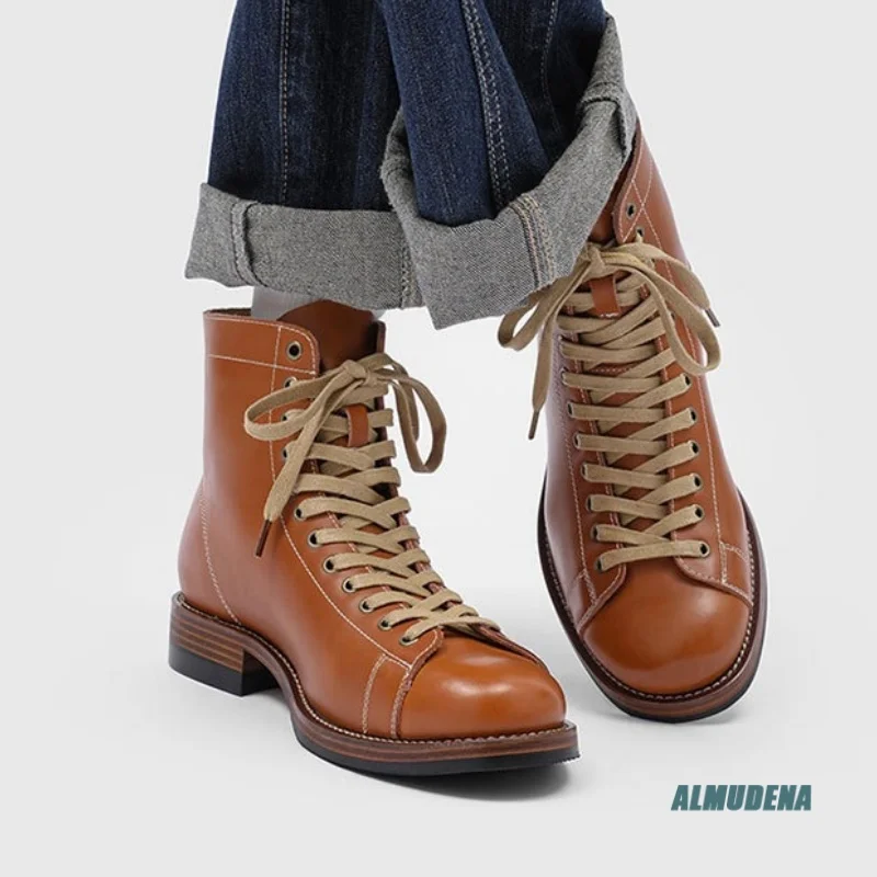 

Brown Genuine Leather Men's Boxing Style Ankle Boots Round Toe Lace-Up Low Heel Urban Casual Fashion Vintage Hiking Shoes