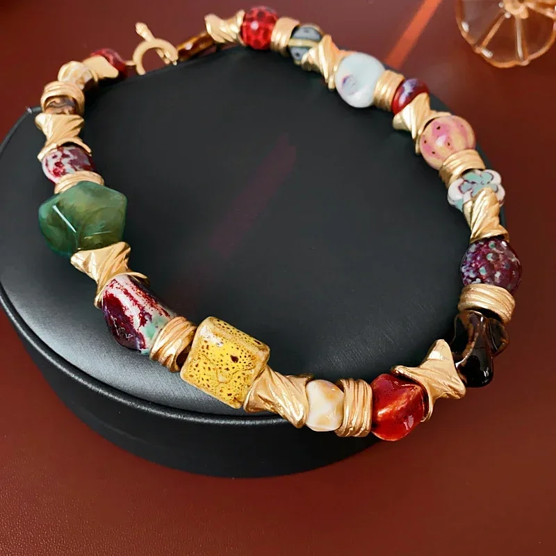 Vintage kwiatowy okrągły ceramiczny naszyjnik dla kobiet Design Sense 2024 nowość w modzie Chokers naszyjniki Party biżuteria prezent — zdjęcie 5