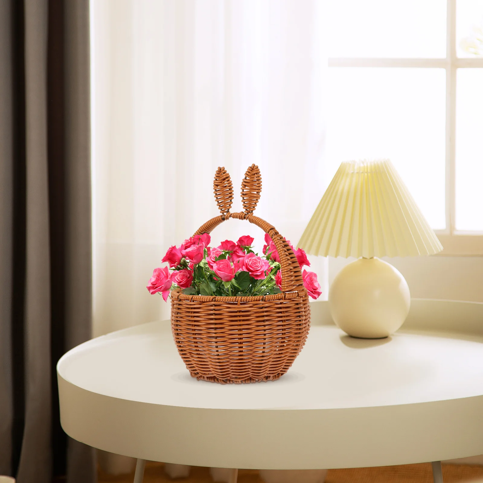 

Bunny Ear Flower Basket Handwoven Round Storage Bin for Sundries Makeup Desktop Organizer Decorative Woven Basket