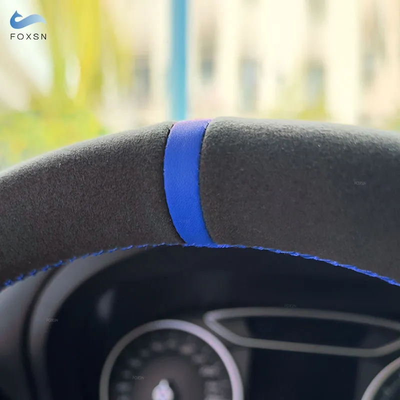 Perforated Suede Leather Cover For Toyota RAV4 2006-2012 Yaris (Vitz) 2005-2011 Car Steering Wheel Hand Stitched Braid Blue Line