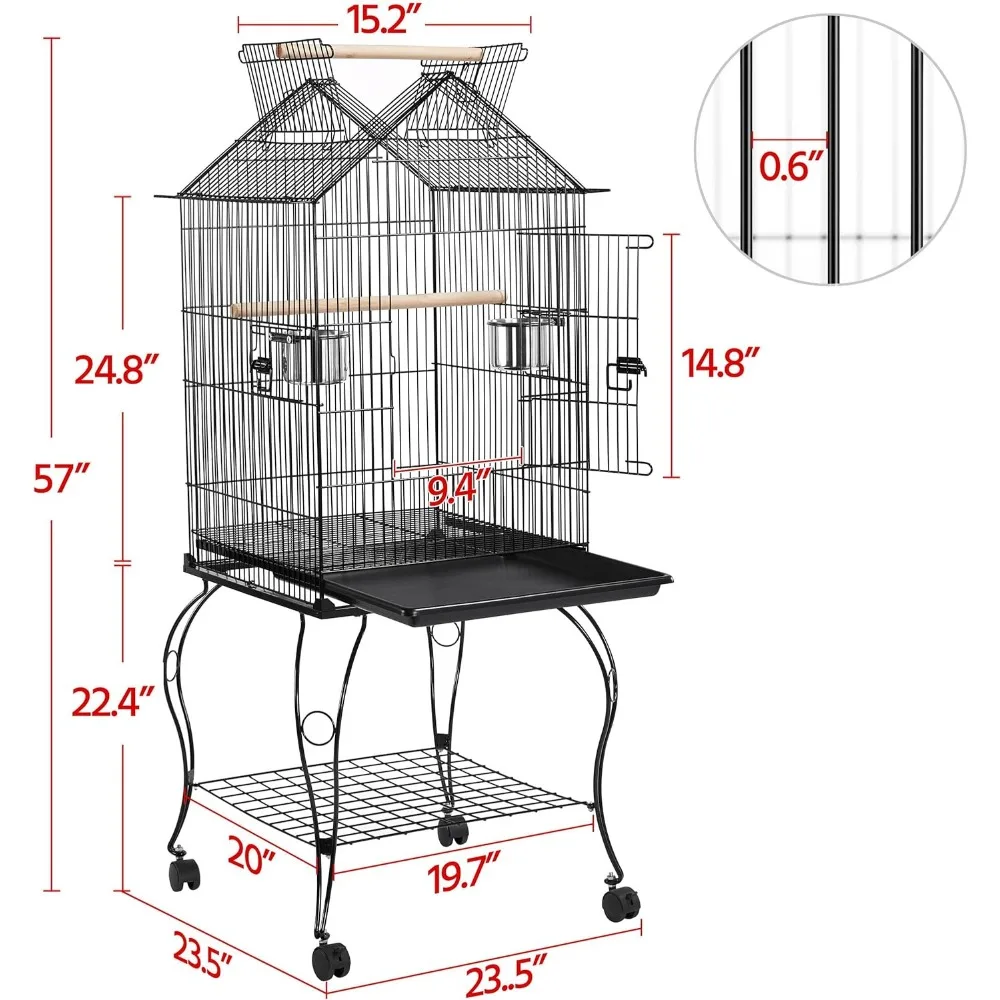 

57-Inch Rolling Open Top Roof Bird Cage for Mid-Sized Parrots Cockatiels Caique Quaker Monk Indian Ring Neck