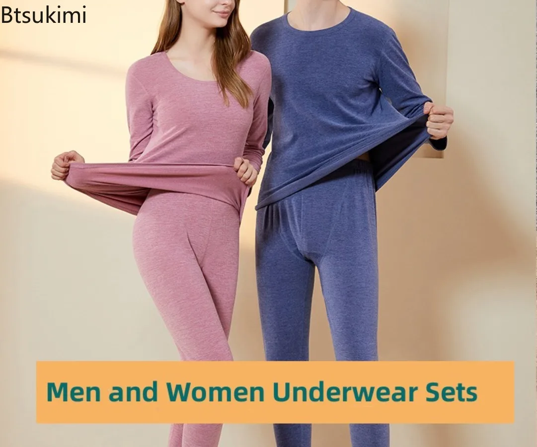 Couple Thermal Underwear Sets Men and Women Round Neck Long Sleeve Tops+Pants Lingerie Sets Soft Comfortable Warm Two-piece Sets
