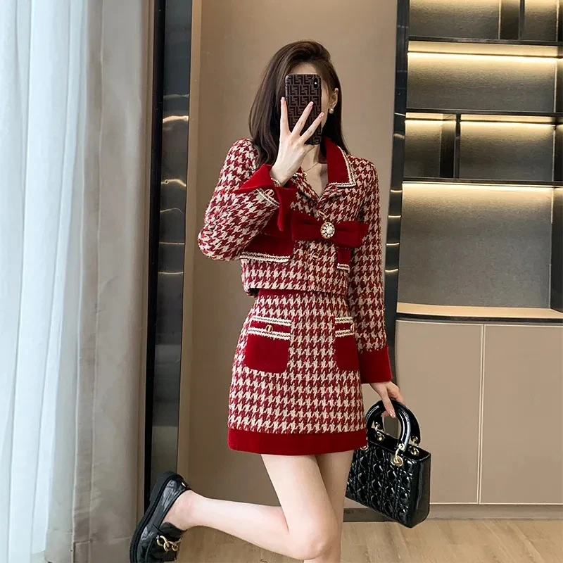 2024 Spring Autumn New Leisure Two-Piece Skirt Women Fashion Loose Bow Single-Breasted Suit Casual Jacket+Skirt Two-Piece Skirt