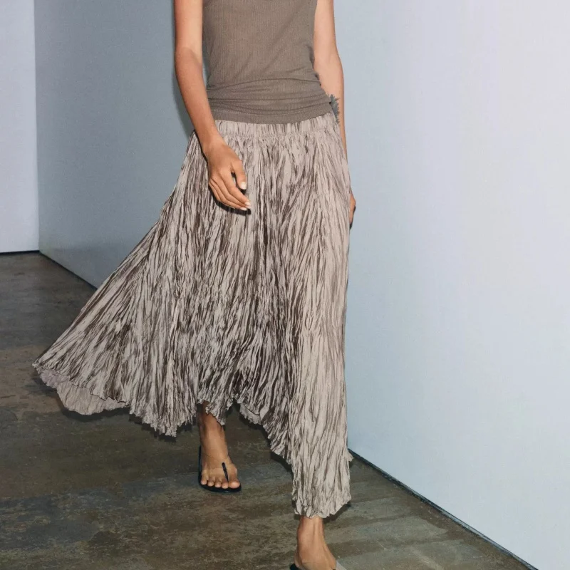 Summer New Women's Retro Casual Versatile Mid-Waist Asymmetric Long Skirt Pleated Half Body Skirt Standard Polyester Fiber
