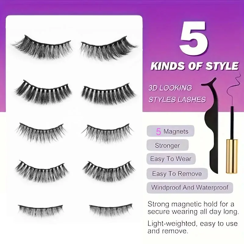 5 pares de kit de pestañas magnéticas: fácil de usar, sin necesidad de pegamento, usando la última tecnología de seis imanes para pestañas postizas 3D 5D