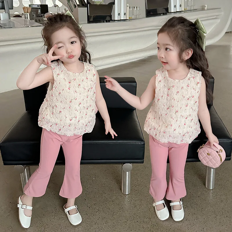 Girls' Flower Vest Casual Two-piece Set 2025 Summer New Baby Girl Foreign Fashion Suit for Small and Medium Children