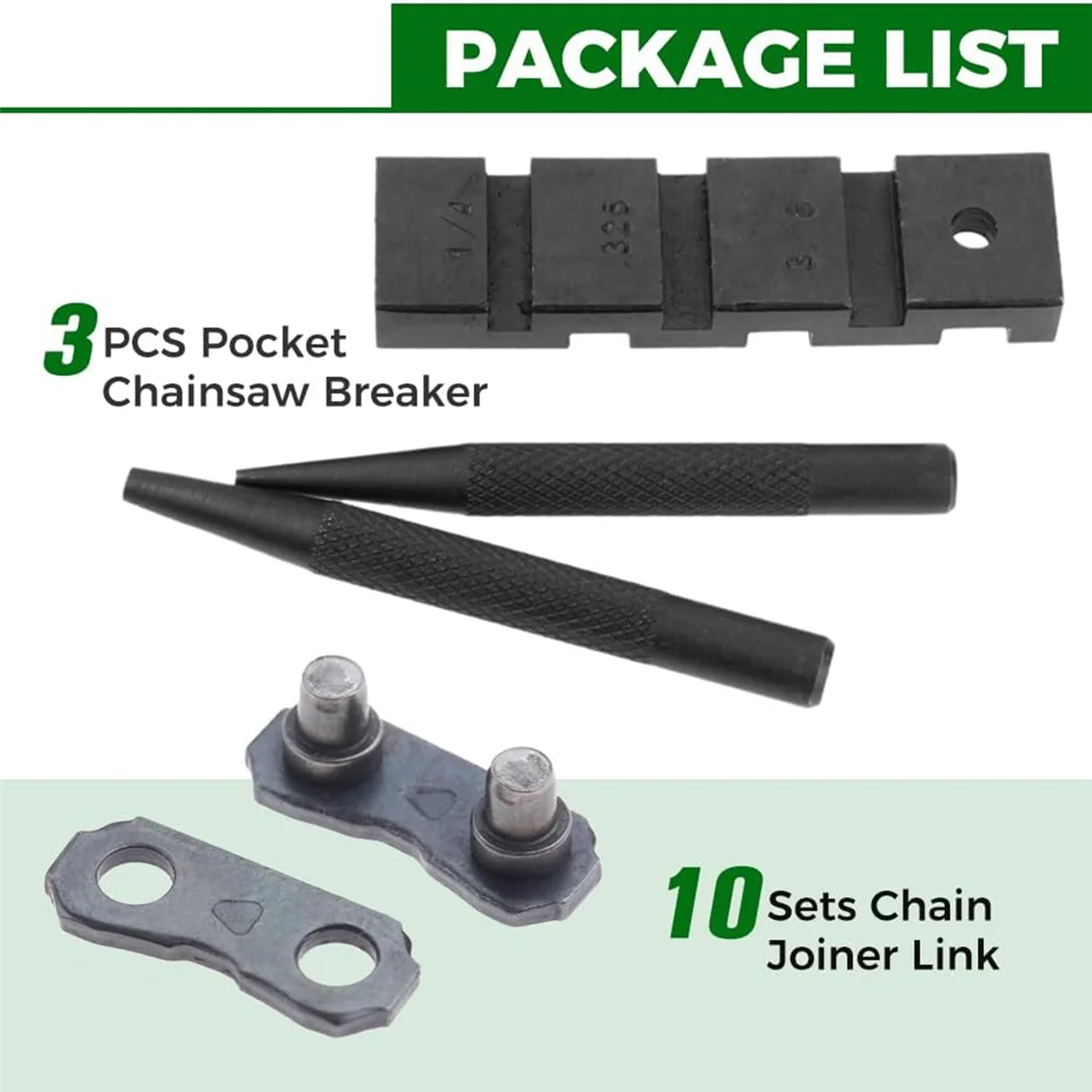 Bolso Chainsaw Breaker e Chain Saw Reparação Conjunto de Ferramentas, Cadeia Joiner Reparação Link, 10 Conjuntos 0.325in, 3Pcs