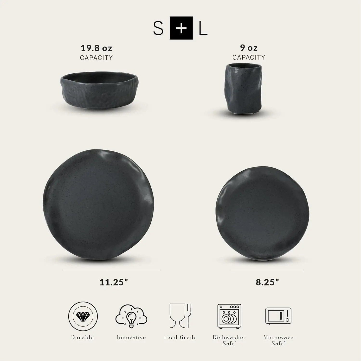 طقم أواني طعام من الخزف الحجري الحديث مكون من 16 قطعة من أطباق ووعاء، طقم أطباق لـ 4 أشخاص، فحمي أسود مرقط