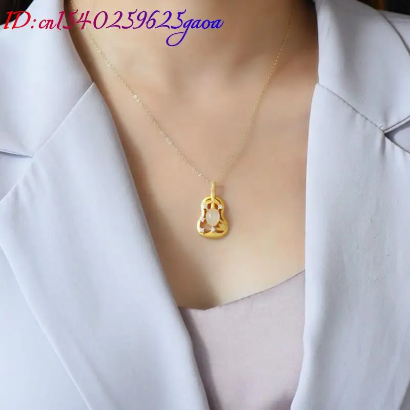 Natural Jade Bamboo Pendant Necklace Talismans Real Jewelry Gifts for Women Vintage Amulet Fashion Accessories 18K Gold Plated