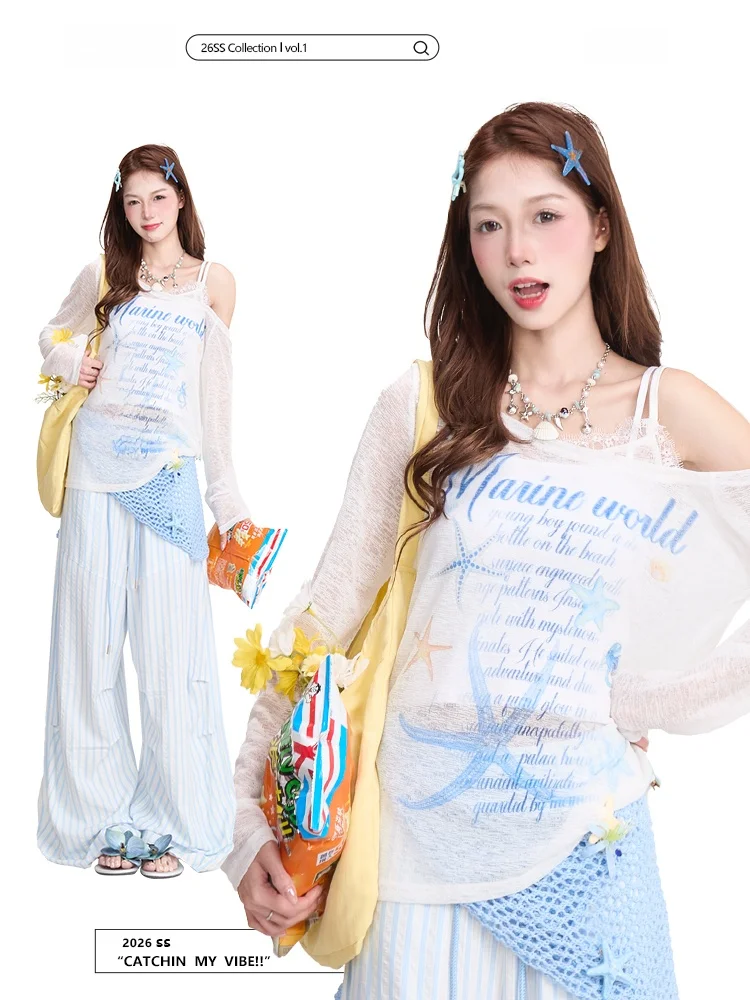 

Женская тонкая футболка с длинными рукавами и принтом NERESUM Star Letter Print, весенне-летняя, сексуальная, прозрачная, повседневная, свободного кроя, топ-накидка