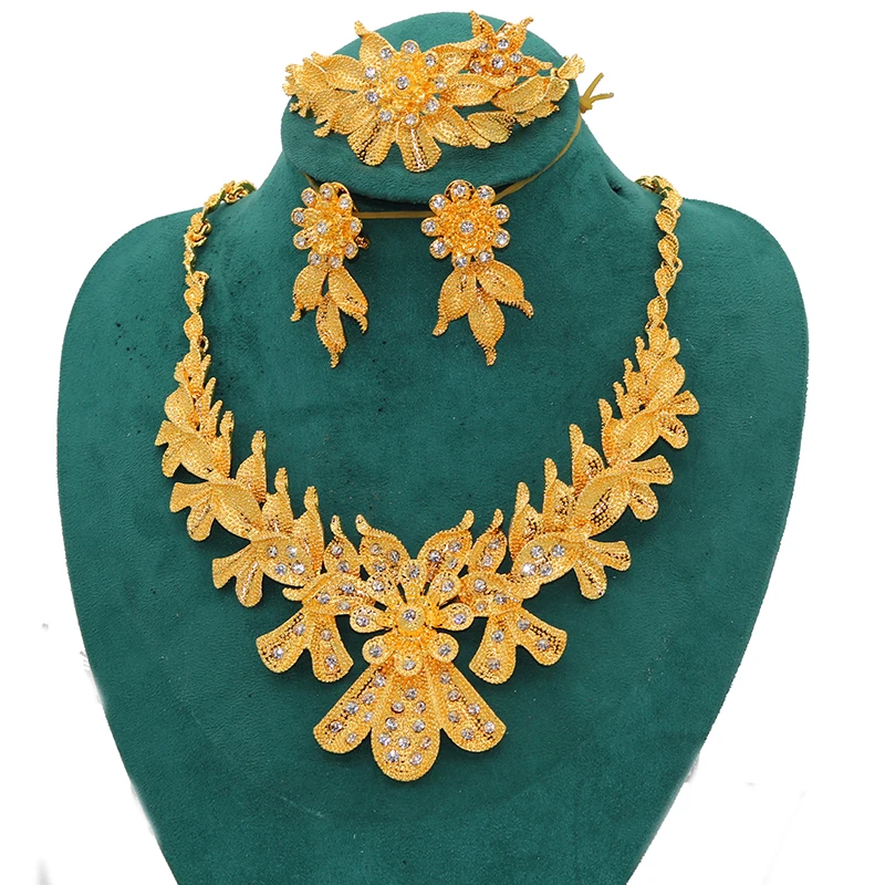 Dubai 24K Gold color Jewelry sets luxury gifts Women's jewellery set Ornament for women necklace earrings African wedding bridal