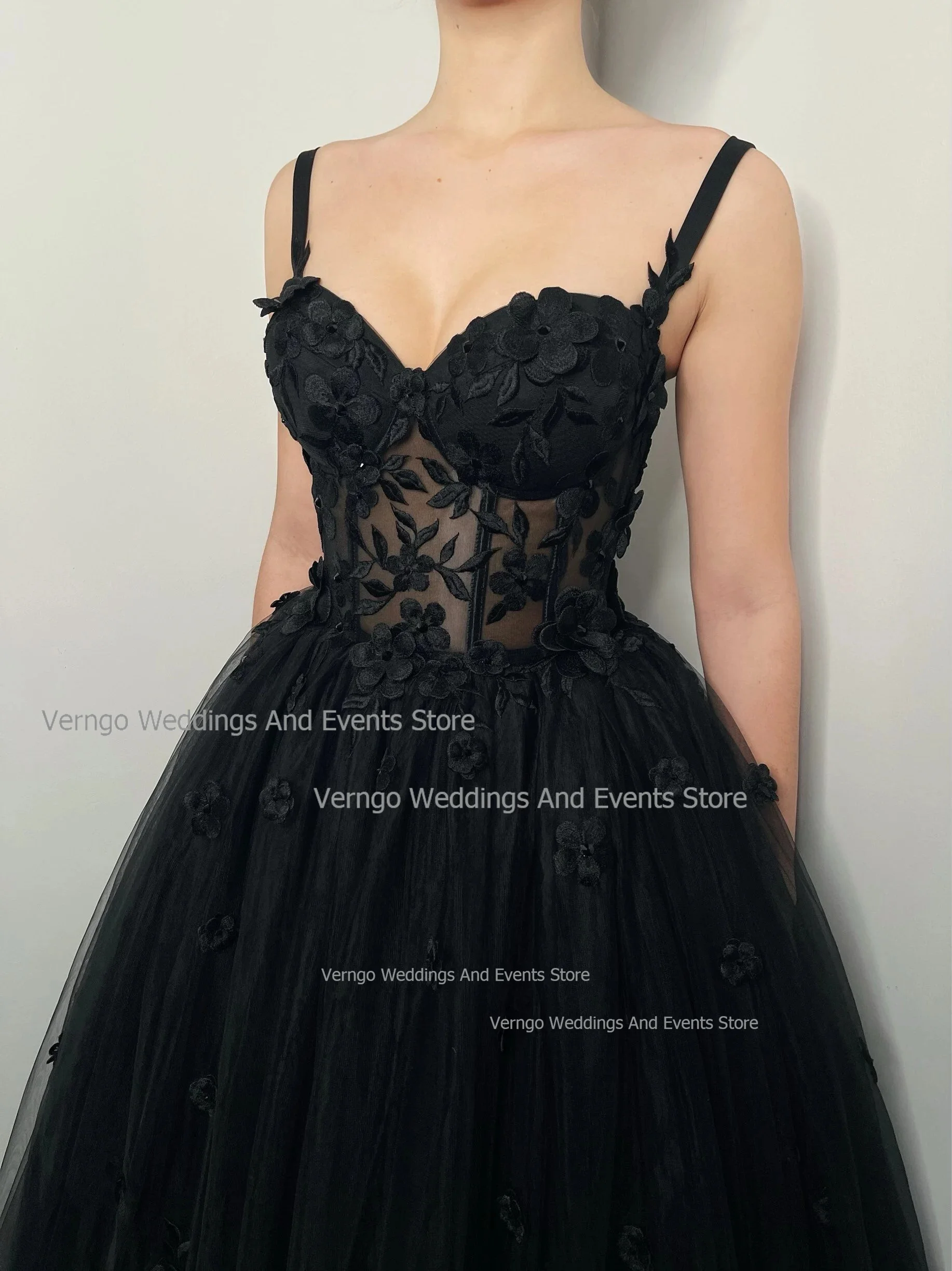 Verngo Vestidos de Novia schwarz Gothic Hochzeits kleid Schatz Spaghetti träger A-Linie Brautkleid Applikationen schnüren Brautkleid