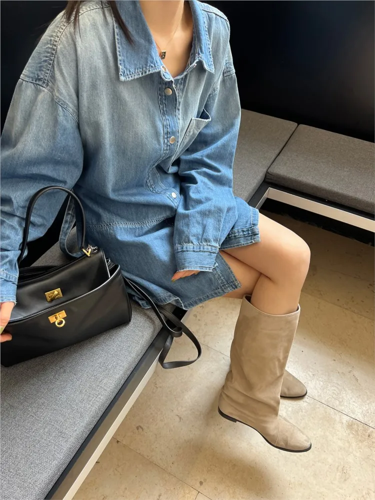 เดรสยีนส์สปริงสำหรับผู้หญิง แฟชั่นใหม่ แขนยาว เดรสเชิ้ตสไตล์เกาหลี ชุดลำลองยีนส์สำหรับผู้หญิง