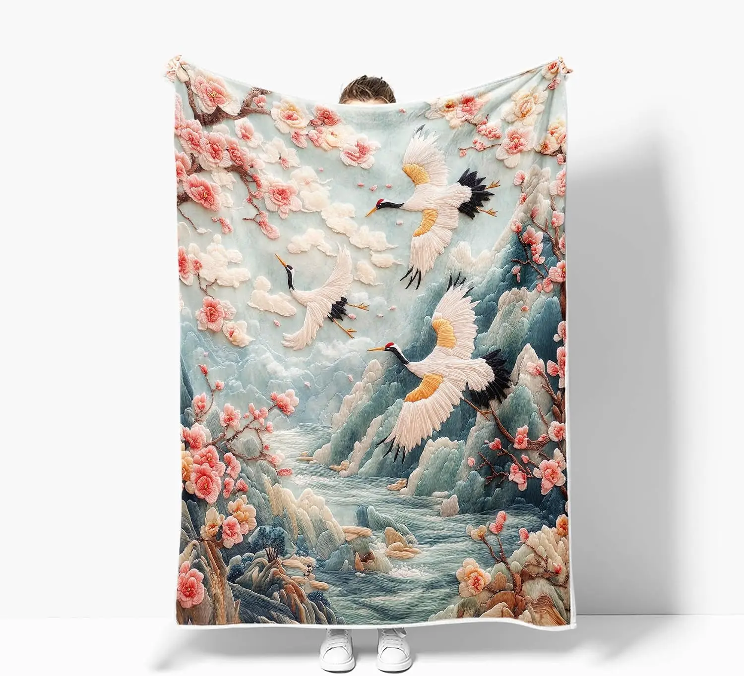 Embroidery Style Red Plum Red-crowned Crane Mountain River Flannel Throw Blanket,Soft Warm Sofa Cover, Oriental Gift For Bedroom