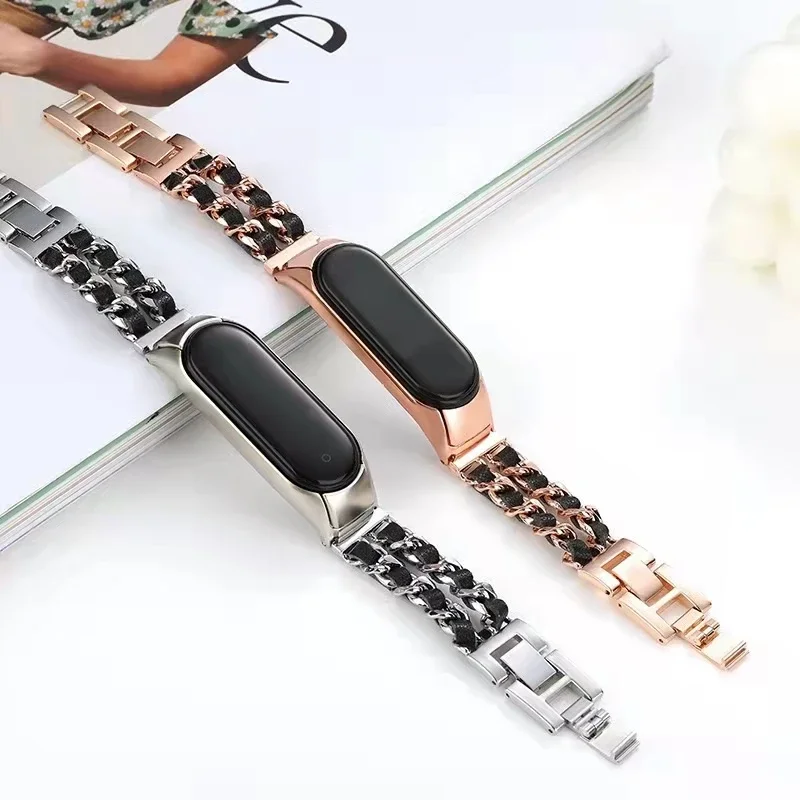 Metal+Leather Strap for Xiaomi Mi Band 7 6 5 Premium Smart Stainless Steel Bracelet Wristband Xiaommi Mi Band 4 3 Belt Correa