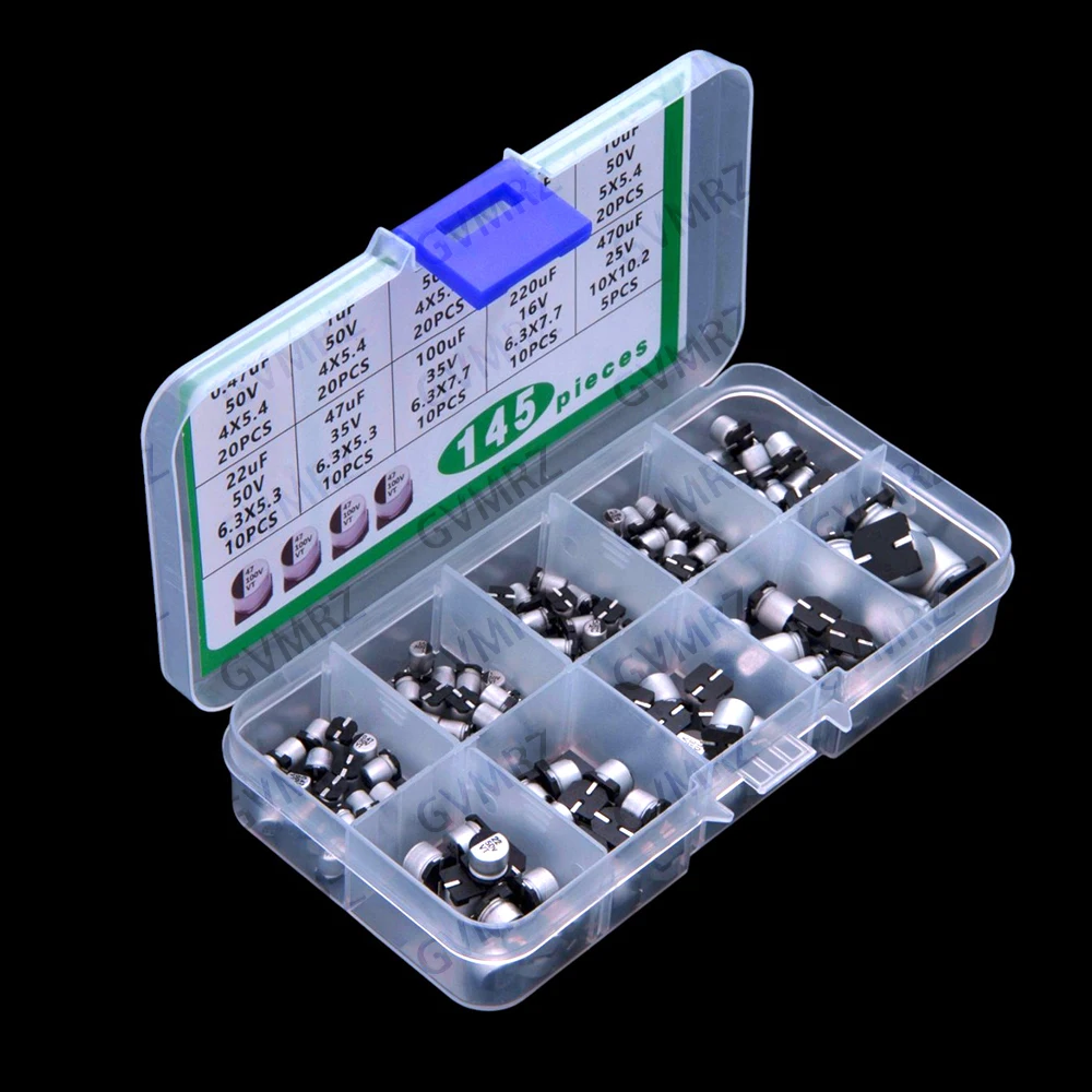 10Values 0.47UF 1UF 2.2UF 4.7UF 0.47UF-22UF 145PCS SMD Aluminum Electrolytic Capacitor Kit 0.47UF 1UF 2.2UF 4.7UF 10UF 50V