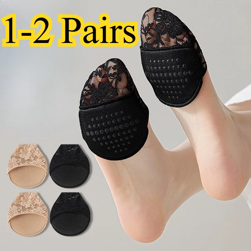 1/2Pairs Women Sexy Lace Toe-Cover Socks Skin No Show Forefoot Pads Non-Skid Silicone Bottom Feet Care Socks Insert High Heels