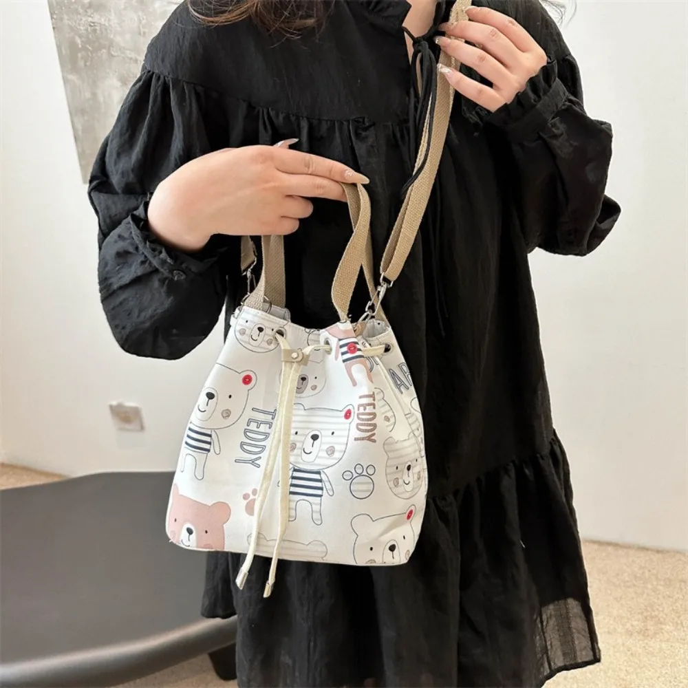

Fashion Dog Drawstring Bucket Bag Flower Large Capacity Canvas Crossbody Bag Multifunctional Handheld Cartoon Lunch Bag Girl