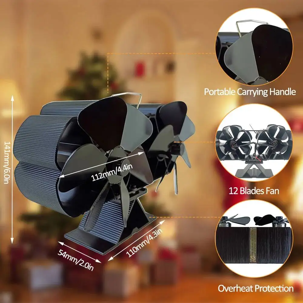 Wood Stove Powered Dual Silent Motors 6 Blades Non-Electric Heat Activated Fireplace Fan With Bracket And Magnetic Ther tools