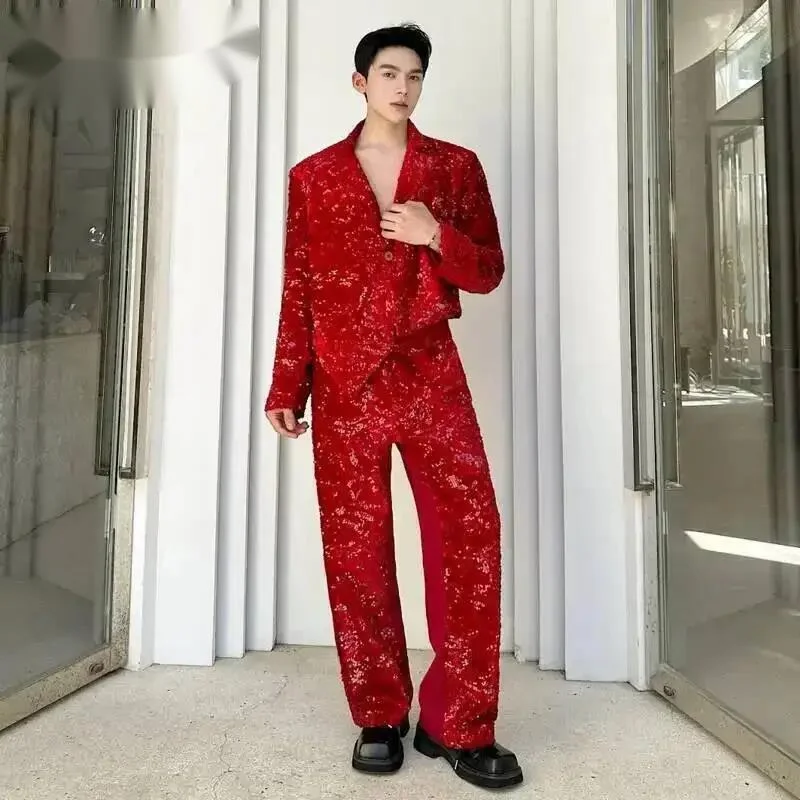 Performance Clothing Sequins Men Two-piece Set Single Button Design Irregular Blazers Straight Male Suit Pants 9WRKEC