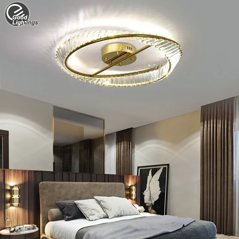 

Modern K9 Crystal Led Ceiling Lights For Bedroom Living Room Hallway Dimmable Gold Creative Ring Crystal Led Ceiling Lamp