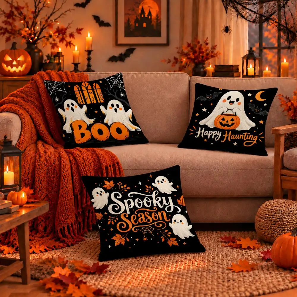 Art Halloween Ghost Theme Cushion Cover Dark Gothic Plush Pillow Covers for Sofa Bedroom Home Decor