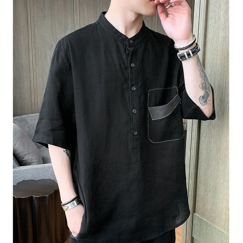 2024 Summer New Trendy and Handsome Short Sleeves Thin Simple and Breathable Japanese Men\'s Pocket Shirt with 5/4 Sleeve Top