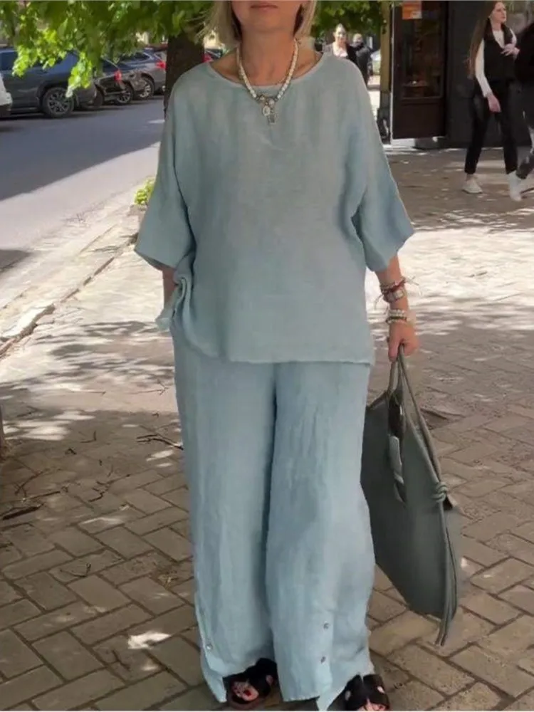 أزياء المرأة بلون القطن فضفاض قطعتين مجموعات الربيع الصيف س الرقبة 3/4 كم جيب بنطال ذو قصة أرجل واسعة الإناث 2 قطعة مجموعة #3