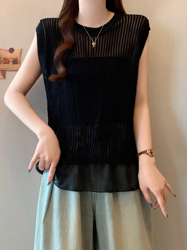 블라 화이트 스트라이프 홀로우 아웃 니트 아이스 실크 베스트 여성 여름 대형 사이즈 루즈 핏 슬림 탑 쉬폰 헴 출퇴근용