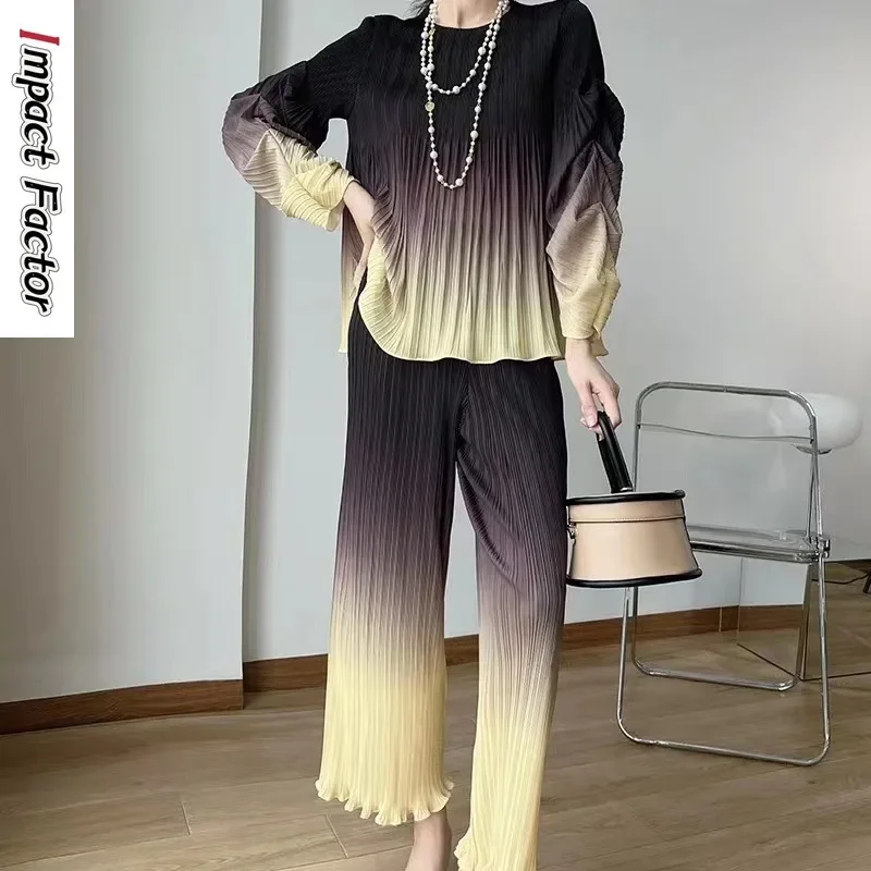 Miyake Pleated 2025 Spring and Autumn Gradient Set Bubble Sleeve Fashion Loose Top+Casual Pants Two Piece Set for Women