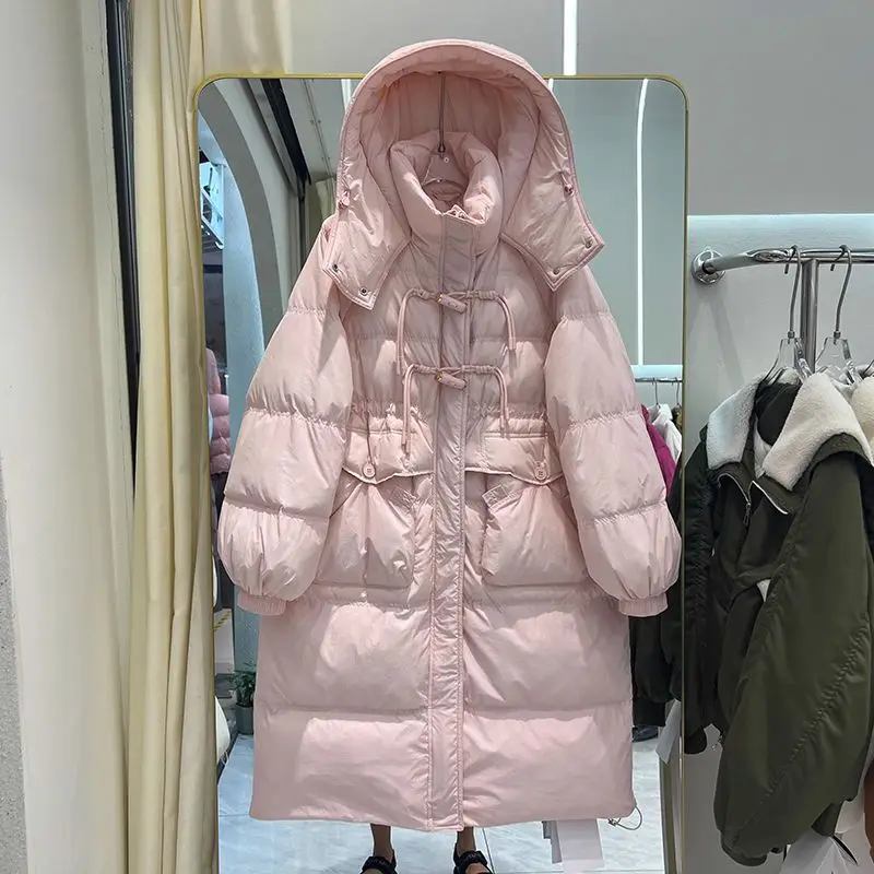 Winter Thickened Women's down Cotton Jacket Hooded Mid-Length Over-Knee Horned Coat Korean Style Loose Fit Long Sleeve Zipper