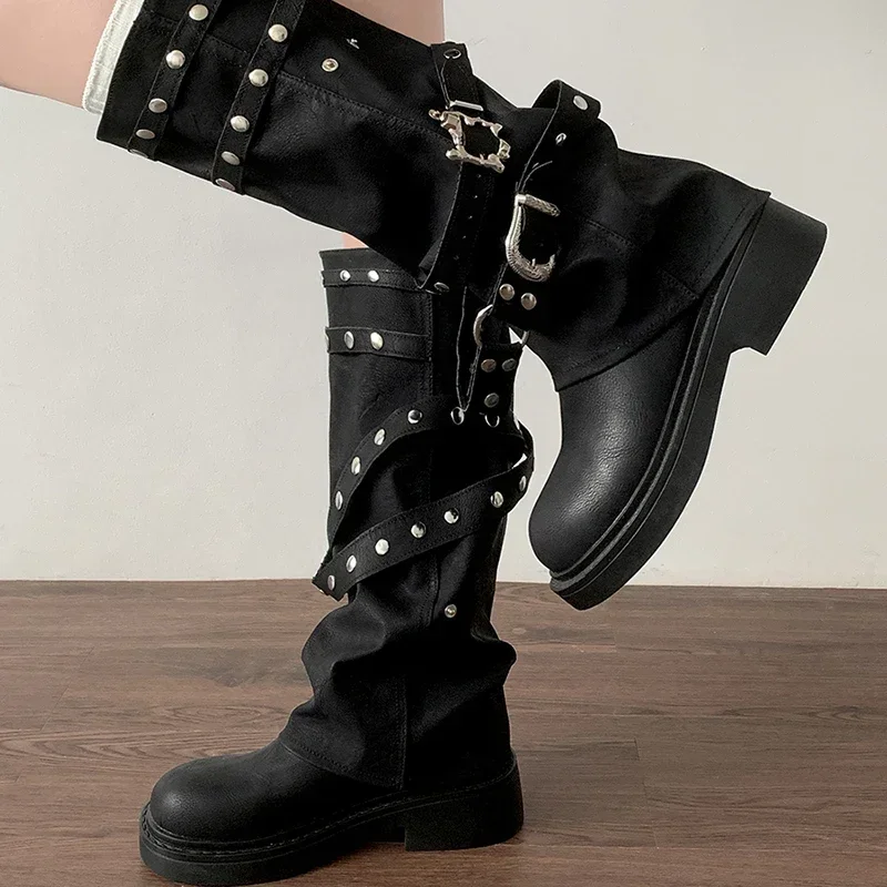 

Designer Rivet Women Trouser Legs High Boots Fashion Punk Style Shoes Autumn Winter Thick Heel Ladies Knight Long Booties