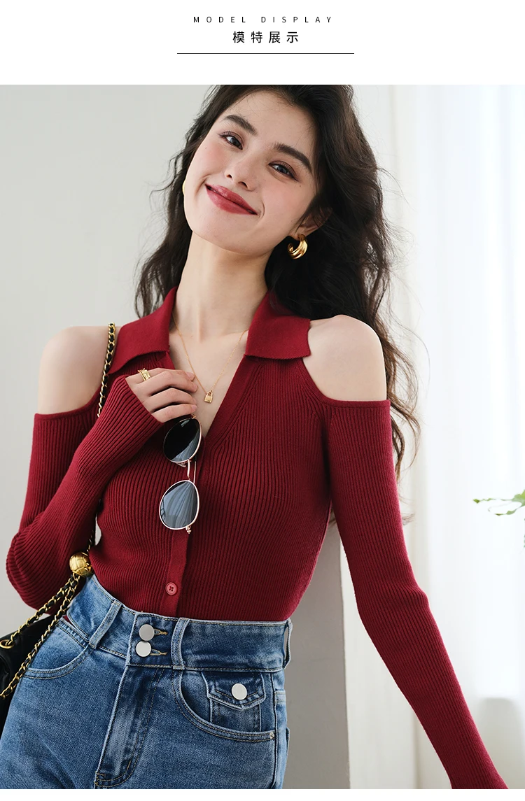 Chic Fashion Off-the-shoulder Sweater Womens Spring New Korean Zipper Slim Slim Tops Knitted Cardigan Kawaii Sweater Y2K