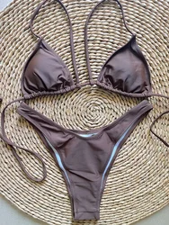 Microbikini brasileño con Push-Up para mujer, conjunto de Bikini con almohadillas, traje de baño con cordón de café, bañador 2024