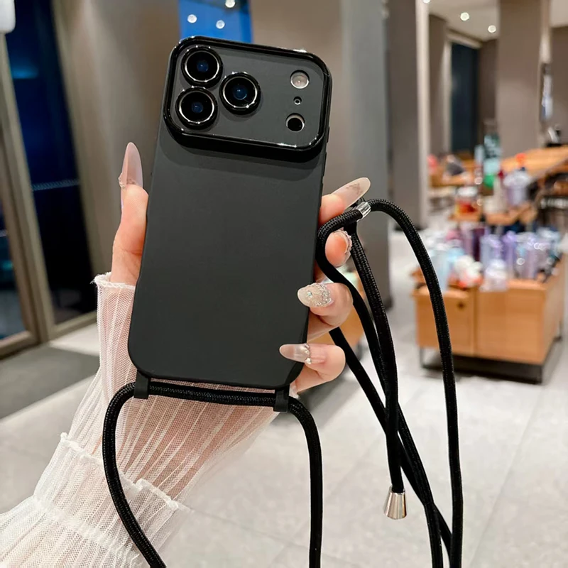 Capa de Celular Portátil e Minimalista de Cor Sólida com Cordão para iPhone 17 Pro Max 13 14 15 16, Antichoque e Absorvente de Impactos