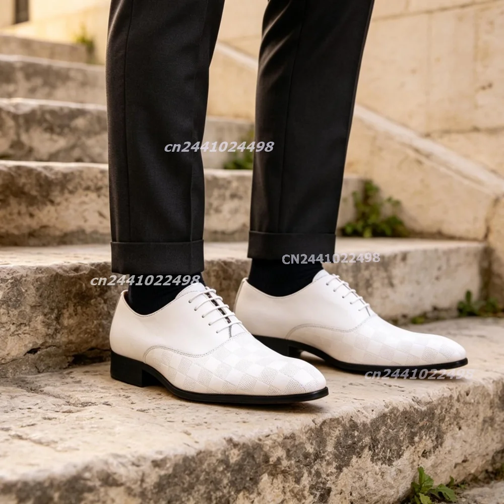 Men's White Black Leather Weave Pattern Oxford Shoes Lace Up Pointed Square Toe Low Heel Formal Dress Business Party Footwear